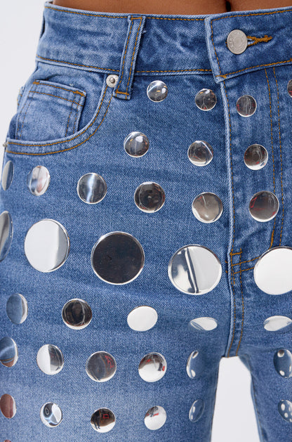 Round Metal Decoration Blue Denim Suit