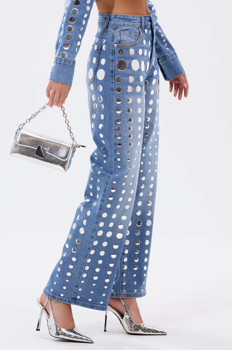 Round Metal Decoration Blue Denim Suit