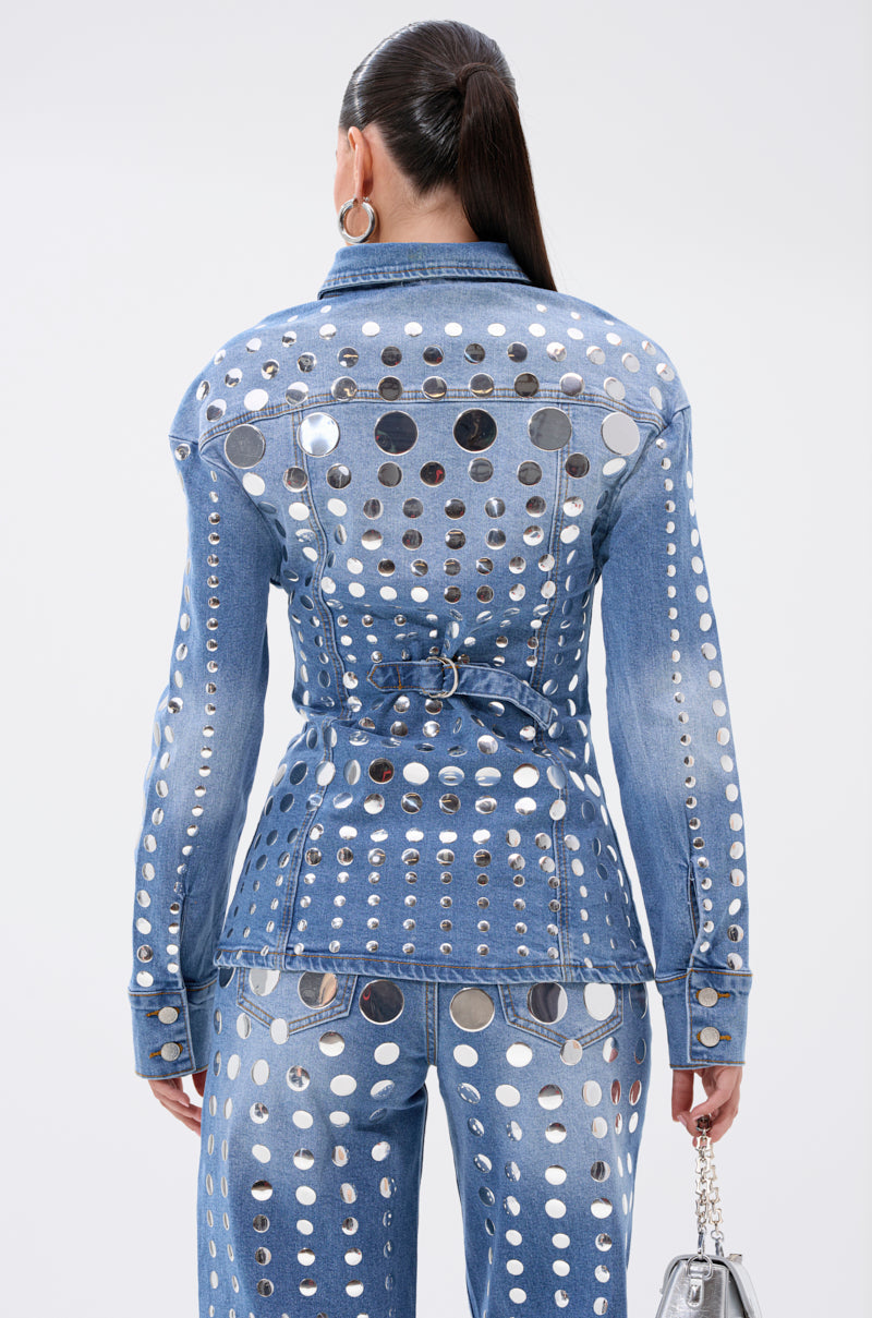 Round Metal Decoration Blue Denim Suit