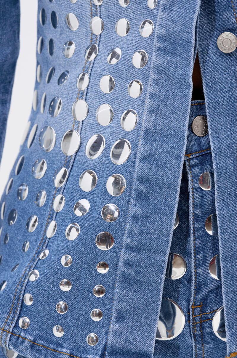 Round Metal Decoration Blue Denim Suit