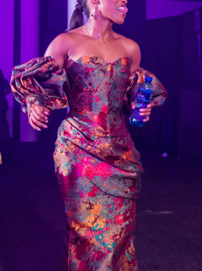 Flower Puff Sleeve Strapless Evening Gown