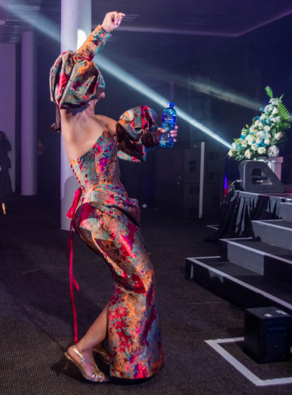 Flower Puff Sleeve Strapless Evening Gown