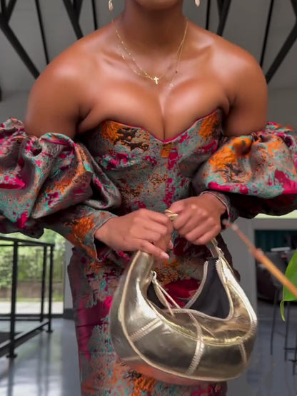 Flower Puff Sleeve Strapless Evening Gown