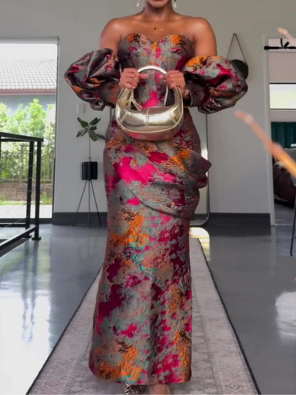 Flower Puff Sleeve Strapless Evening Gown