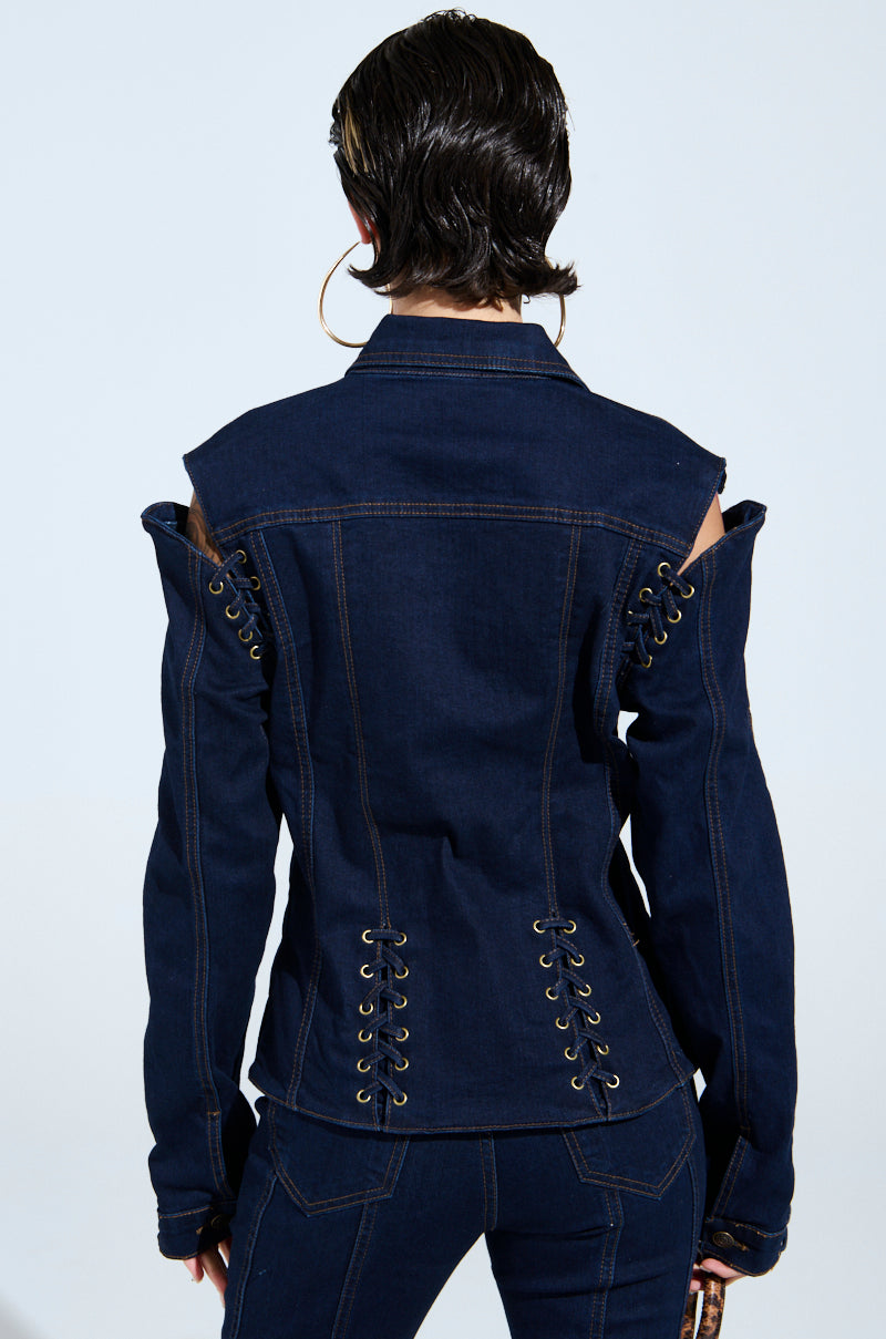 Off-shoulder Cross-strap Collar Fitted Denim Suit