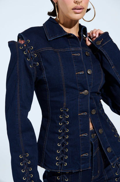 Off-shoulder Cross-strap Collar Fitted Denim Suit