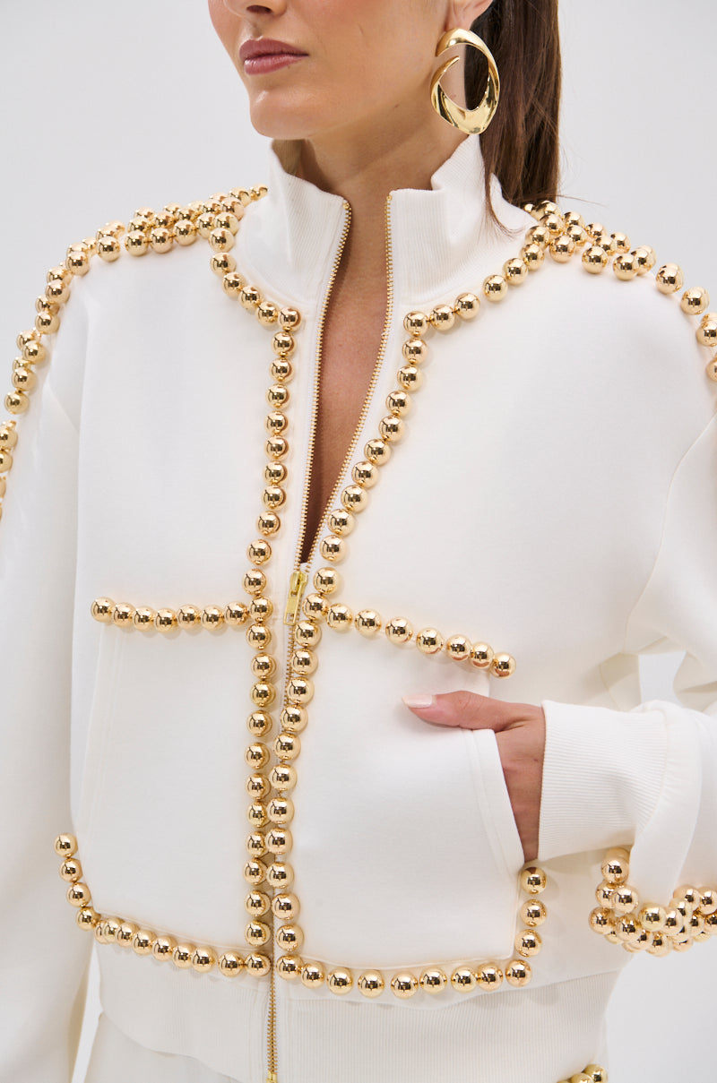 Metal Ball Decorated Zipper Sweatshirt Pants Suit