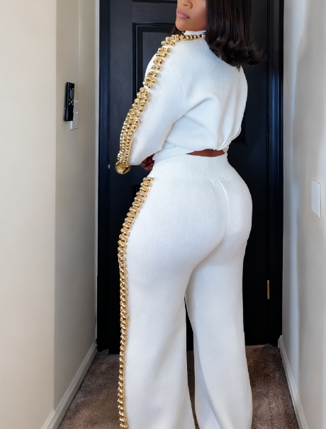 Metal Ball Decorated Zipper Sweatshirt Pants Suit