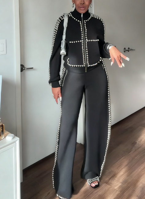Metal Ball Decorated Zipper Sweatshirt Pants Suit