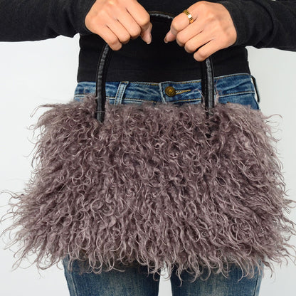 Imitation Wool Tote Bag With Genuine Leather Handles Handbag