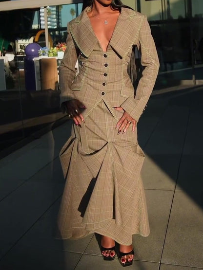 Stylish Oversize Lapel Plaid Suit Skirt Suit