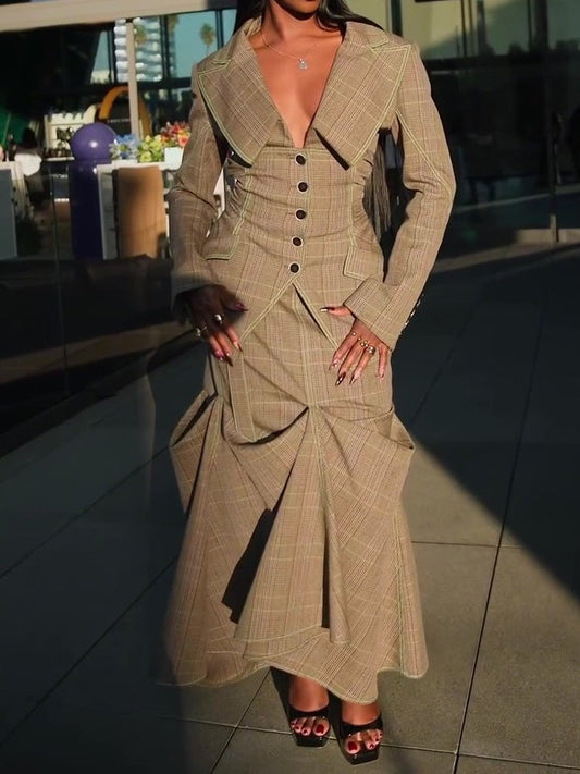 Stylish Oversize Lapel Plaid Suit Skirt Suit