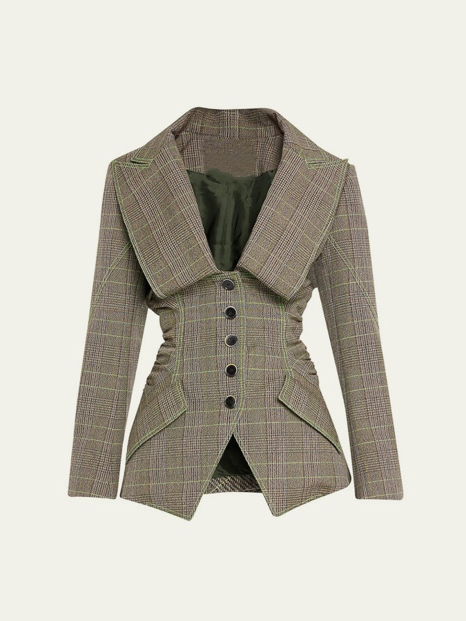 Stylish Oversize Lapel Plaid Suit Skirt Suit