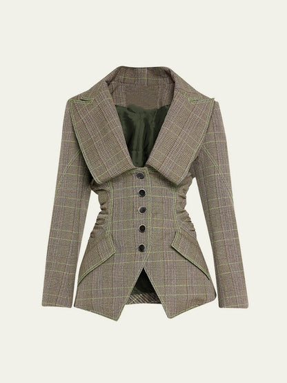 Stylish Oversize Lapel Plaid Suit Skirt Suit