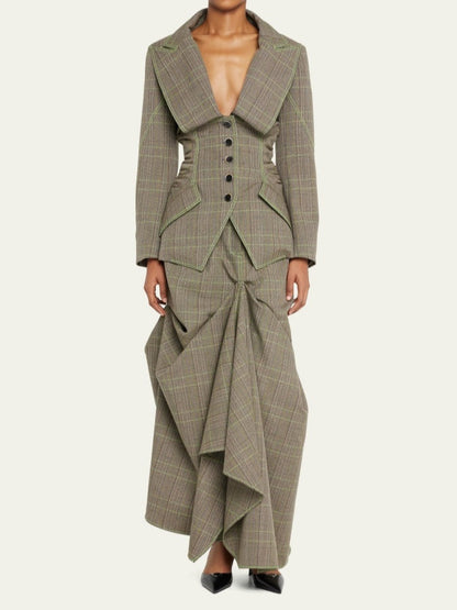 Stylish Oversize Lapel Plaid Suit Skirt Suit
