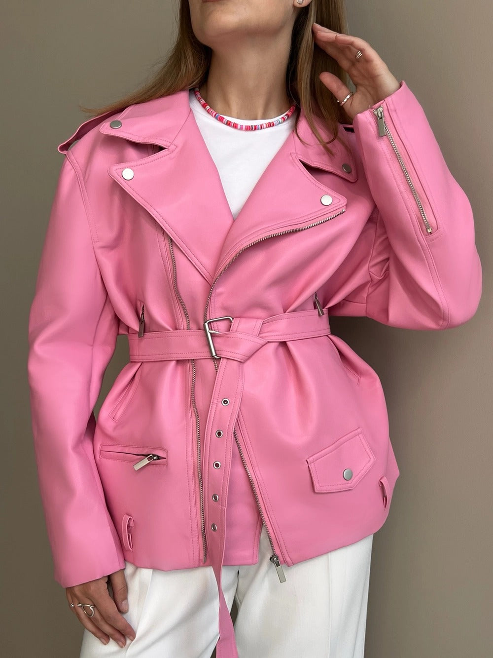 Biker Pink Leather Jacket