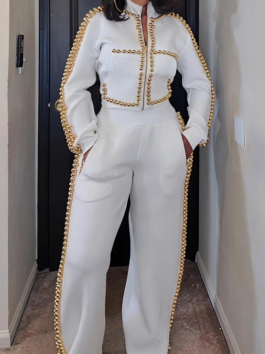 Metal Ball Decorated Zipper Pants Suit