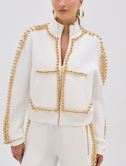 Metal Ball Decorated Zipper Pants Suit