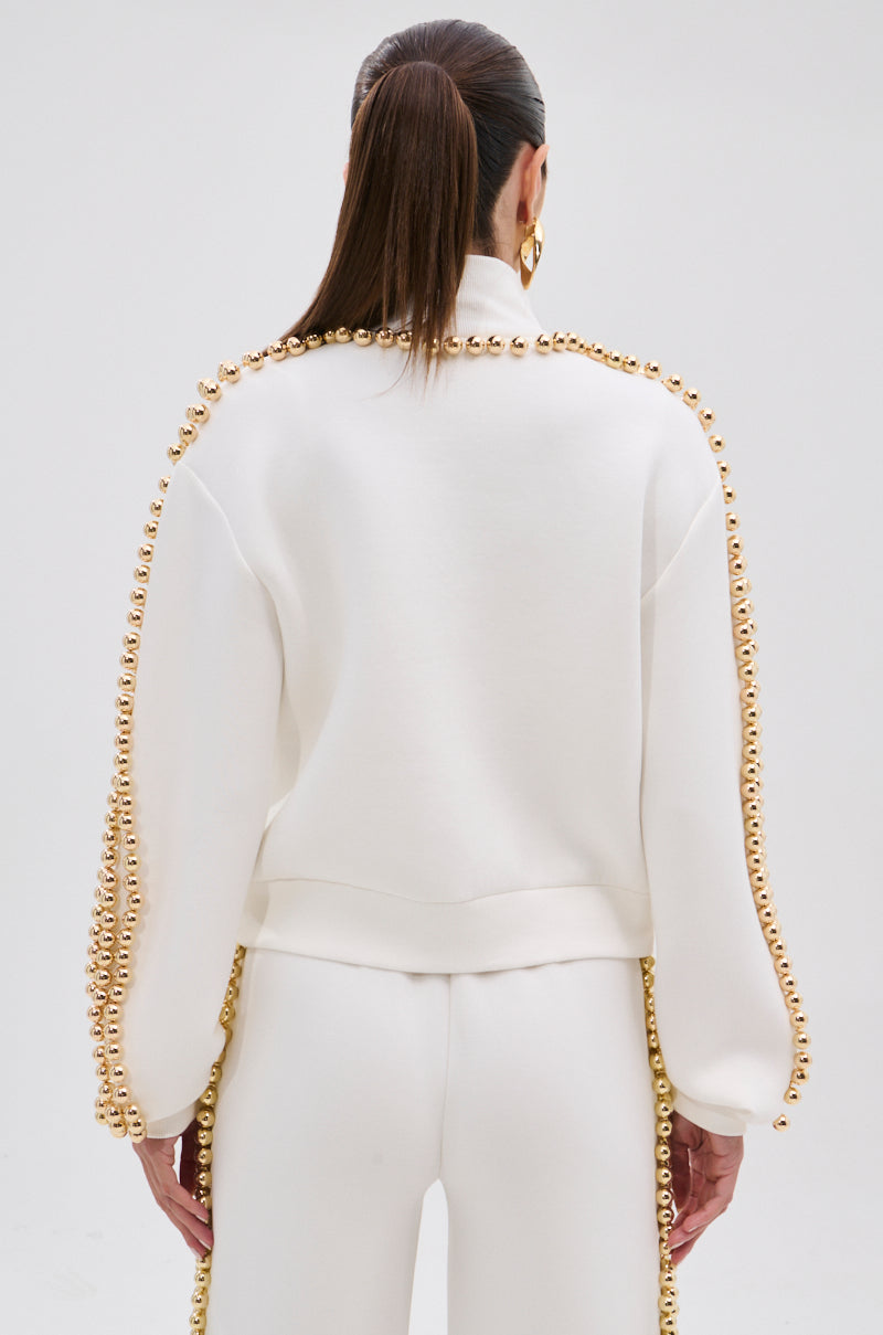 Metal Ball Decorated Zipper Pants Suit
