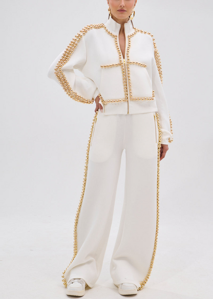 Metal Ball Decorated Zipper Pants Suit