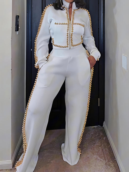 Metal Ball Decorated Zipper Pants Suit