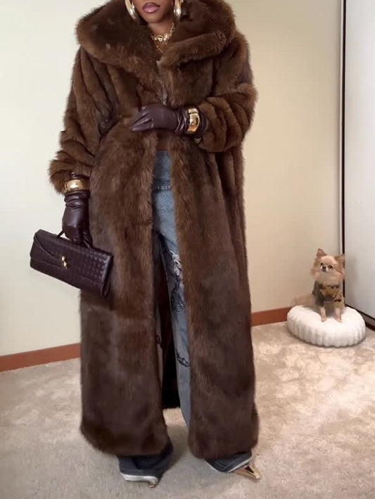 Brown Plush Faux Fox Fur Coat