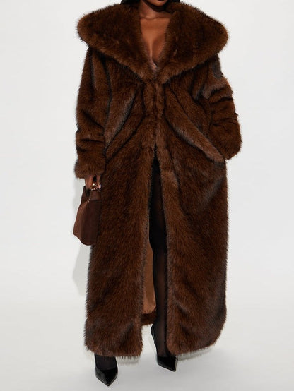 Brown Plush Faux Fox Fur Coat