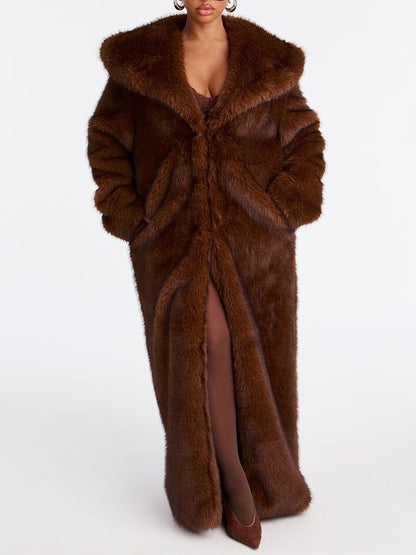 Brown Plush Faux Fox Fur Coat