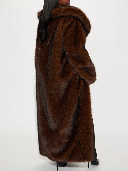 Brown Plush Faux Fox Fur Coat