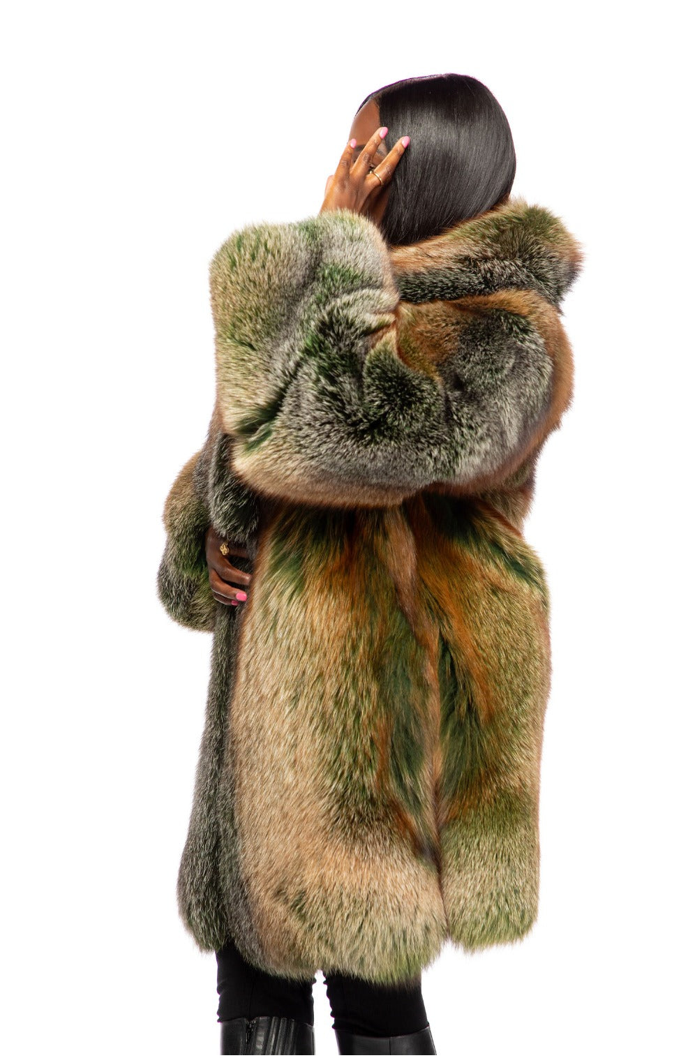 Green Trinity Mid Length Faux Fox Fur Coat