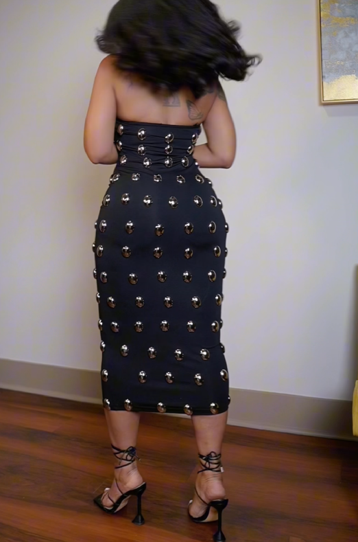 Metallic Embellished Strapless Midi Dress