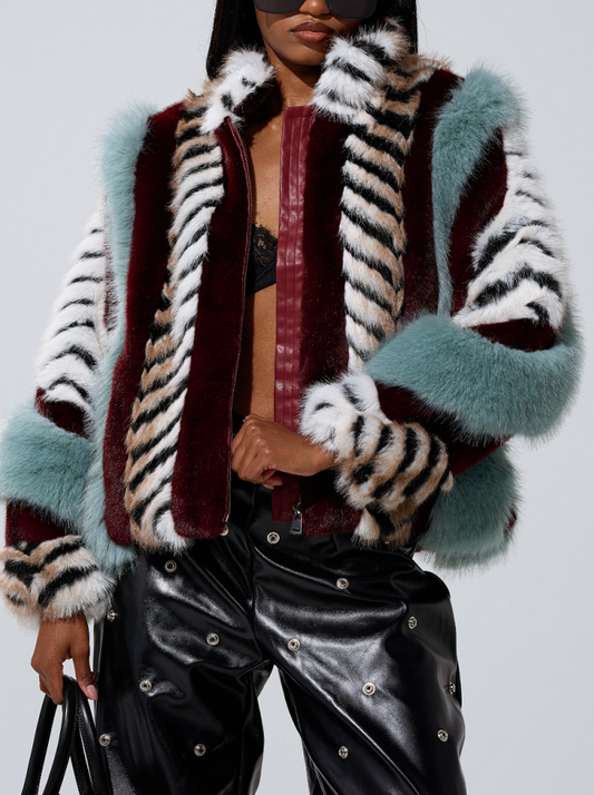 Multi-color Patchwork Faux Fur Plush Coat