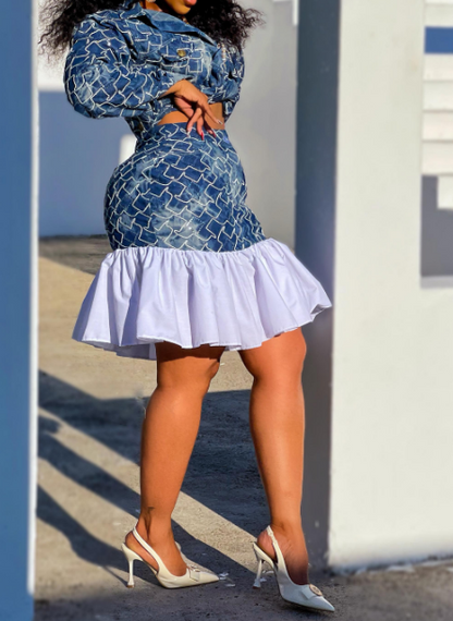 Embroidered Denim Ruffled High-waisted Skirt Suit