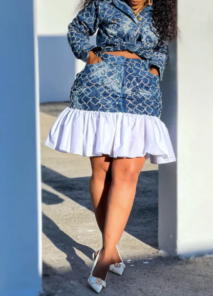 Embroidered Denim Ruffled High-waisted Skirt Suit