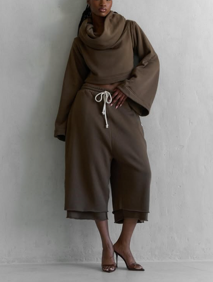 Drawstring Waist Teddy Sweater And Super Short Two Pieces Set