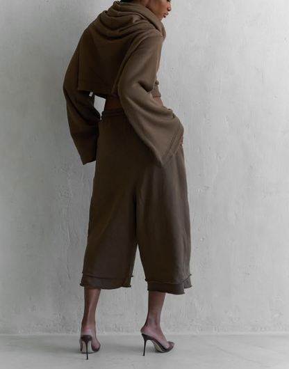 Drawstring Waist Teddy Sweater And Super Short Two Pieces Set