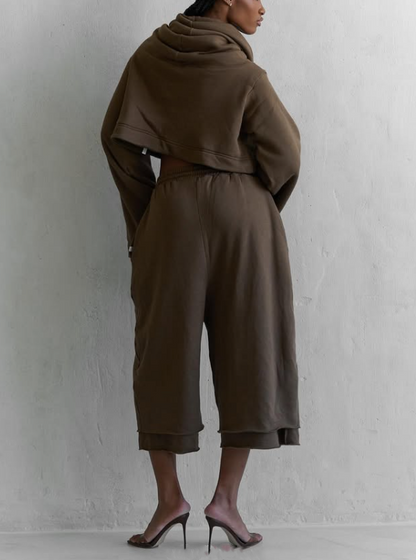 Drawstring Waist Teddy Sweater And Super Short Two Pieces Set