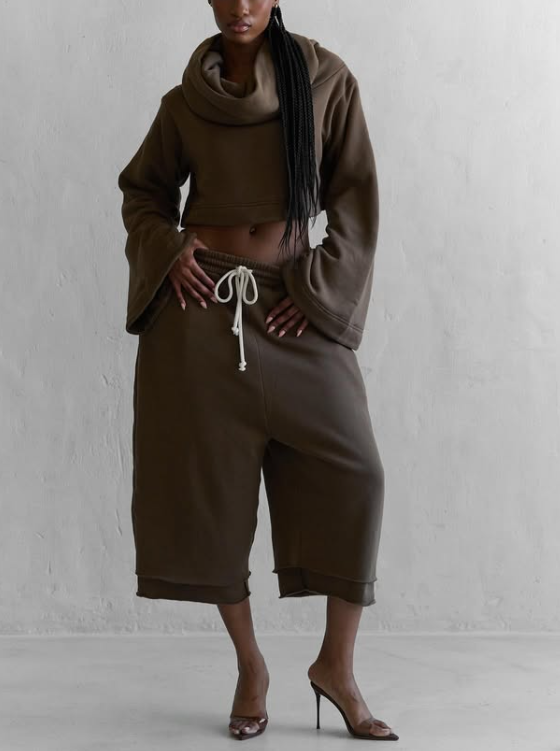 Drawstring Waist Teddy Sweater And Super Short Two Pieces Set