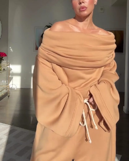 Drawstring Waist Teddy Sweater And Super Short Two Pieces Set