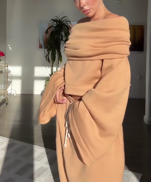 Drawstring Waist Teddy Sweater And Super Short Two Pieces Set