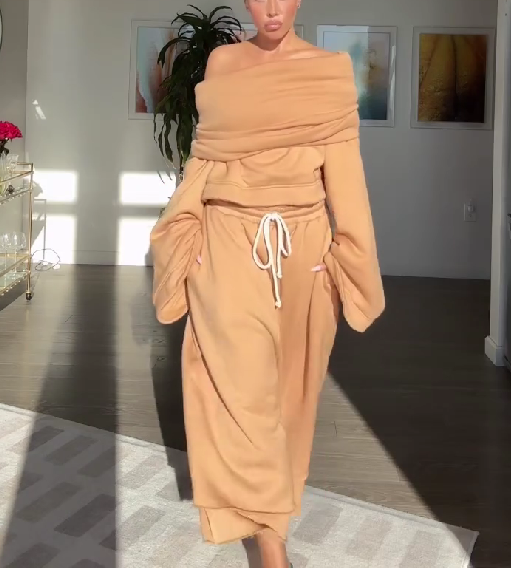 Drawstring Waist Teddy Sweater And Super Short Two Pieces Set