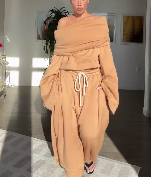 Drawstring Waist Teddy Sweater And Super Short Two Pieces Set