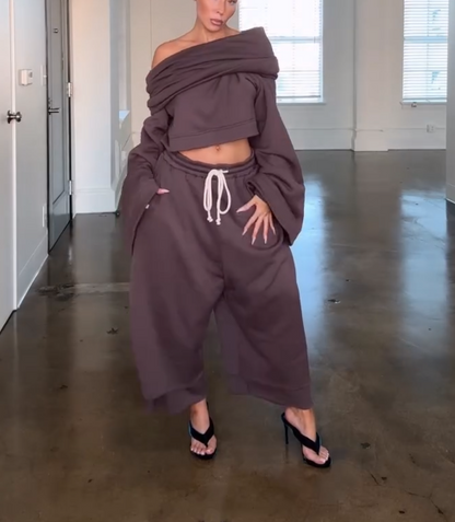 Drawstring Waist Teddy Sweater And Super Short Two Pieces Set