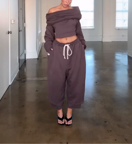 Drawstring Waist Teddy Sweater And Super Short Two Pieces Set