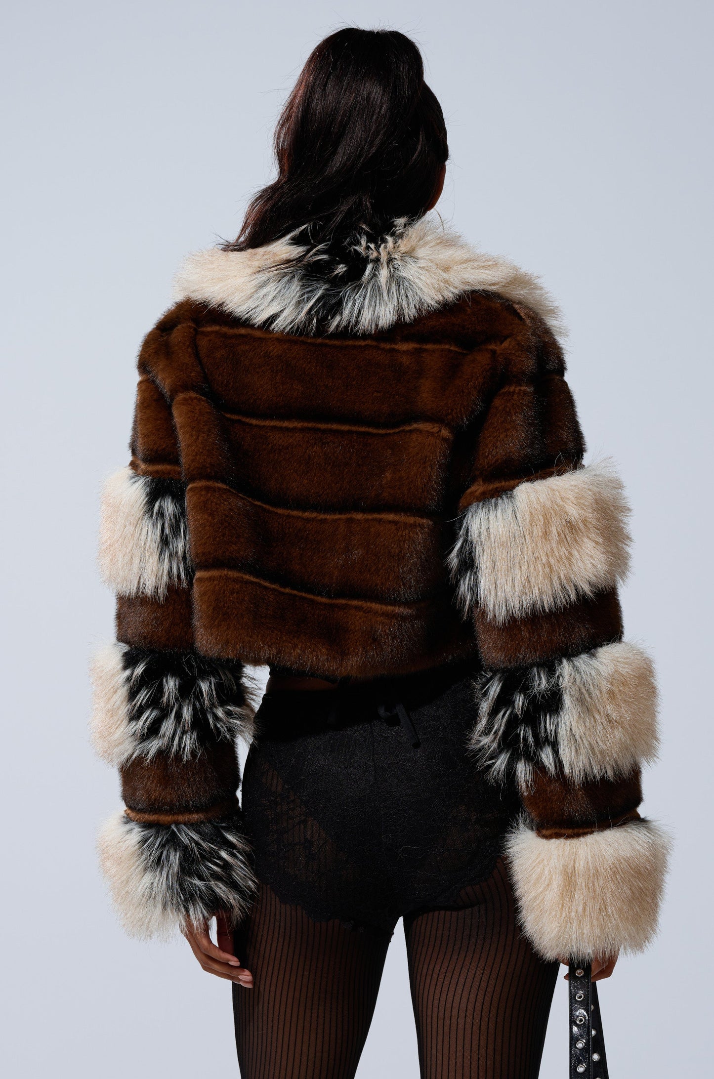 Color-blocked Cropped Faux Fur Jacket