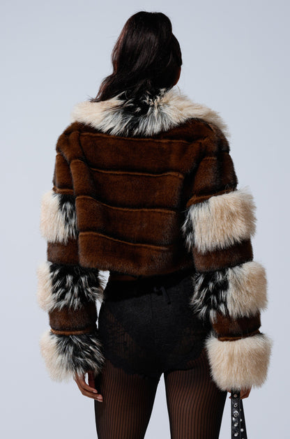 Color-blocked Cropped Faux Fur Jacket