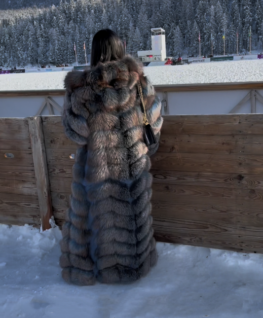 Blue Full Length Fox Fur Coat