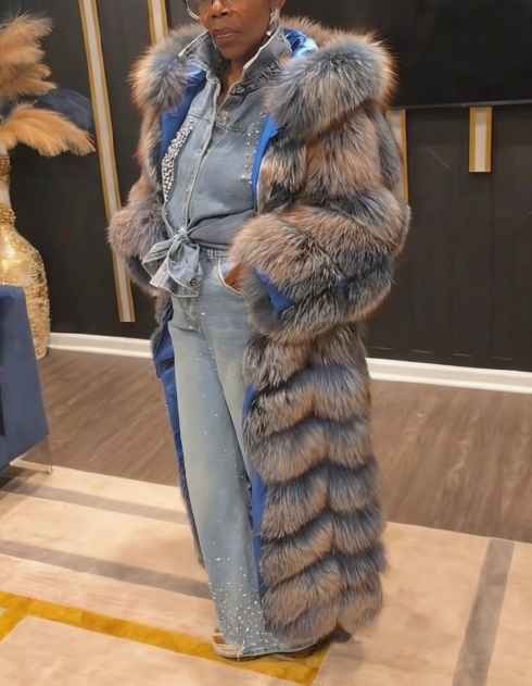 Blue Full Length Fox Fur Coat