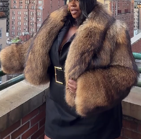 Large Lapel Black-tipped Brown Fox Fur Coat