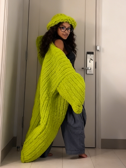 Chunky Crochet Cardigan Sweater & Hat Two Piece Set